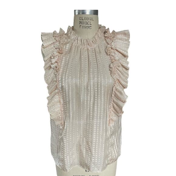 Rebecca Taylor Pale Pink & Silver Silk Sleeveless Ruffle Blouse Size 12 - Picture 2 of 7